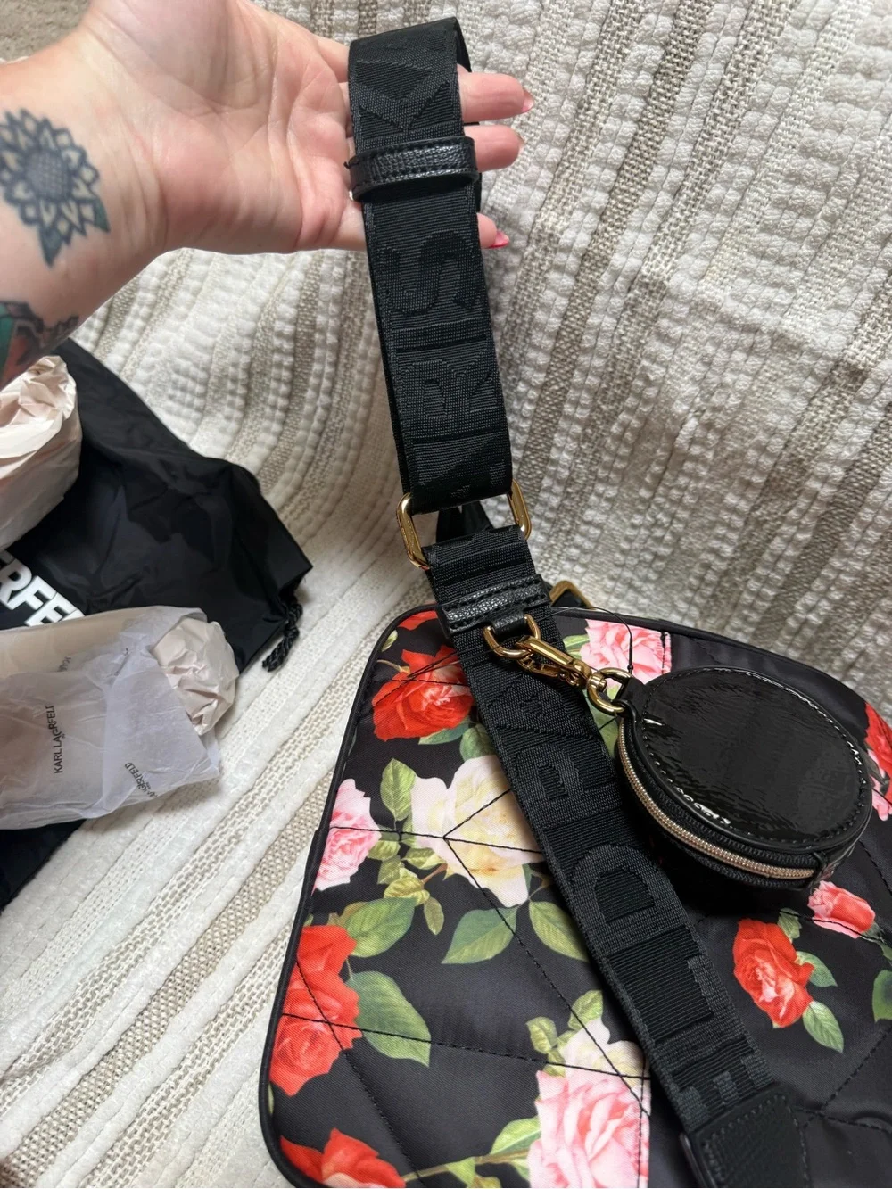 Karl Lagerfeld Quilted Floral Bag - Black with Red, Pink & Cream Roses
